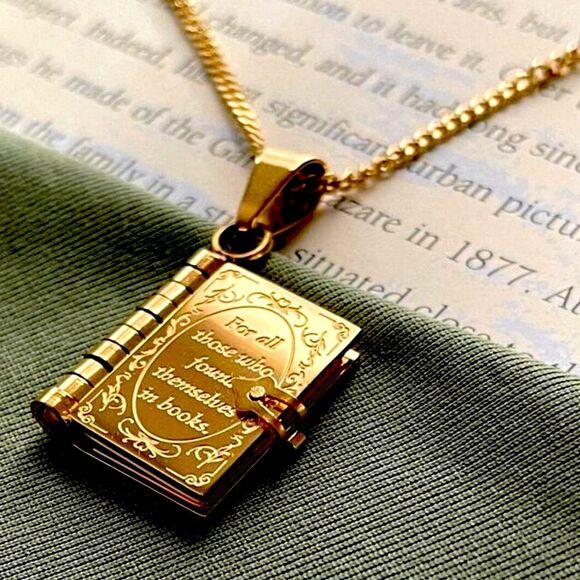 SALE 18k Stamped Gold Filled Elegant Book Lover Pendant Necklace - Picture 4 of 10
